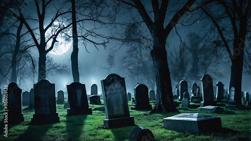 A spooky, foggy night in a haunted graveyard, with a full moon casting eerie shadows on the tombstones