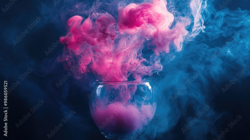 Broken glass lamp with pink smoke escaping, dramatic vapor against a deep, dark navy blue background. Broken glass lamp with pink smoke escaping, dramatic vapor against a deep, dark navy blue background.