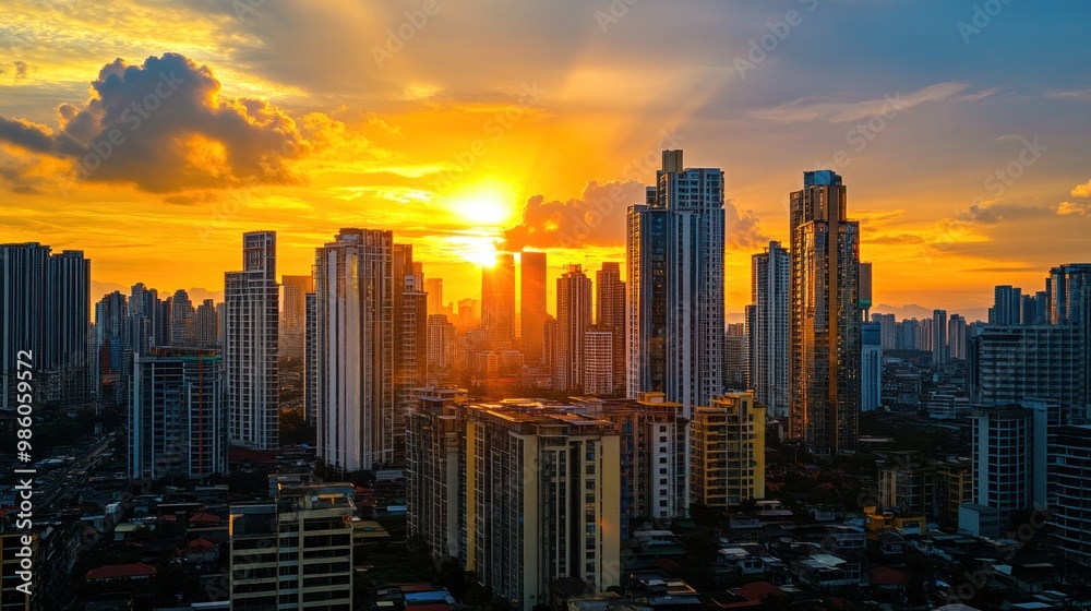 Fototapeta premium Cityscape with golden sunset over skyscrapers.