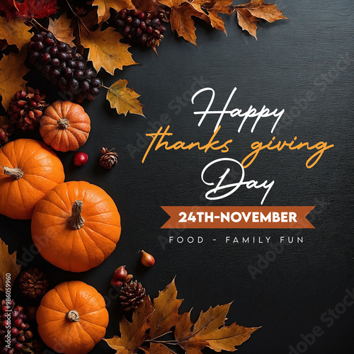 Happy thanks giving day message November greeting social media post pumkin autumn leaves candles