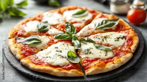 A delicious pizza topped with mozzarella, basil, and herbs, served on a rustic stone plate.