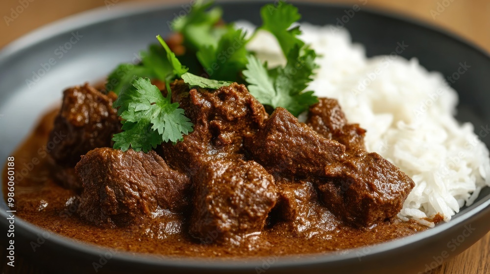 A plate of flavorful beef curry served with white rice and garnished with fresh cilantro. A plate of flavorful beef curry served with white rice and garnished with fresh cilantro.