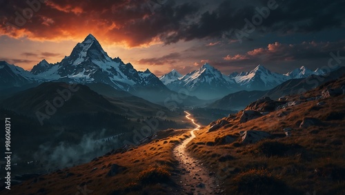 Surreal mountain landscape with a glowing path leading to a mystical peak.