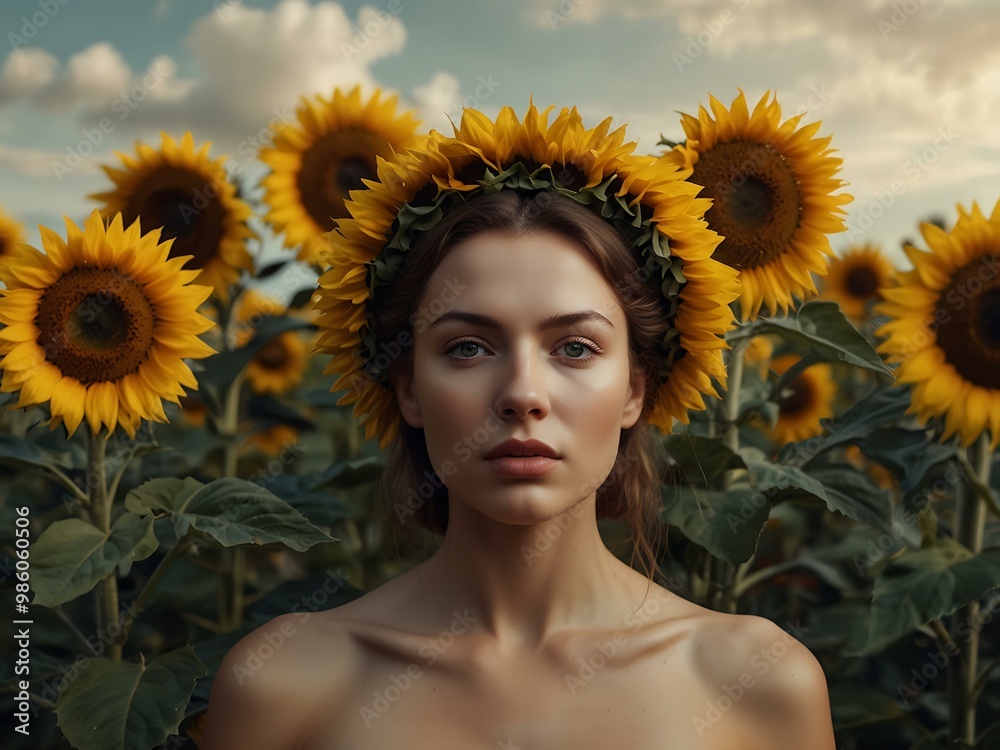 Surreal portrait of a woman with sunflowers. Surreal portrait of a woman with sunflowers.
