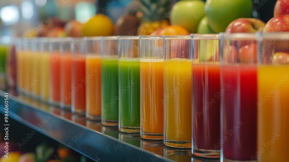 A colorful variety of fruit juices lined up on a counter, including orange, apple, and carrot juice, with matching fruits displayed in the background. A colorful variety of fruit juices lined up on a counter, including orange, apple, and carrot juice, with matching fruits displayed in the background.