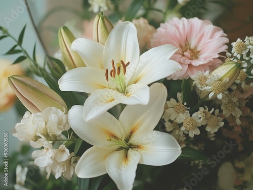 A bouquet of lilies arranged beautifully with other soft-colored flowers