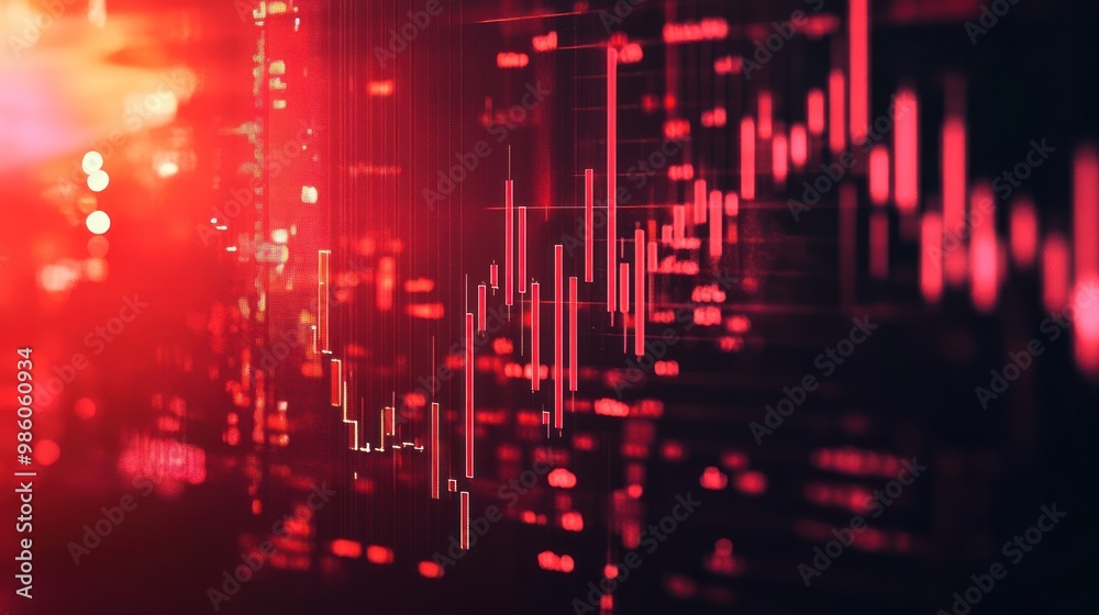 A digital representation of stock market trends with red candlestick patterns. A digital representation of stock market trends with red candlestick patterns.