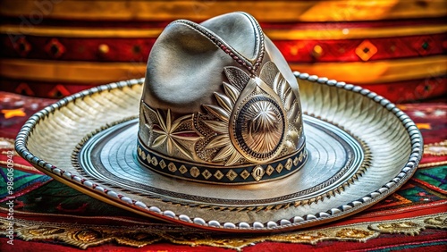 A storied symbol of rugged elegance, this traditional Mexican cowboy hat bears intricate silver and leather embellishments, exuding refinement and timeless charm.