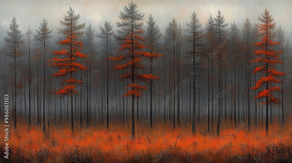 Obraz premium A misty forest scene with tall, slender trees, the foreground is dominated by a vibrant, fiery orange hue, providing a stark contrast to the muted, gray tones of the background