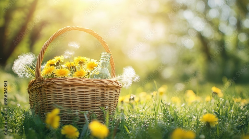 Dandelion-filled wicker basket with a retro glass bottle in a grassy meadow. A bright and cheerful spring landscape. Dandelion-filled wicker basket with a retro glass bottle in a grassy meadow. A bright and cheerful spring landscape.