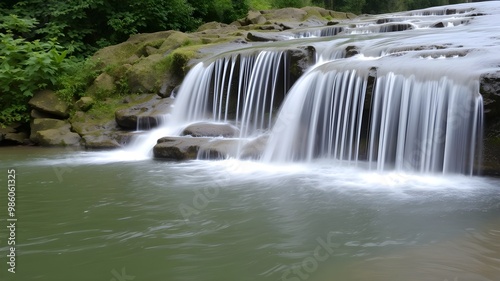 A serene waterfall cascading into a calm pool, surrounded by lush greenery.