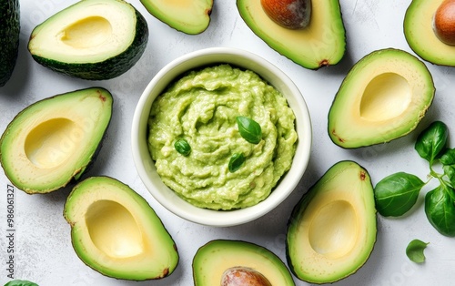 A bowl of guacamole surrounded by freshly cut avocado slices, creating a delicious display