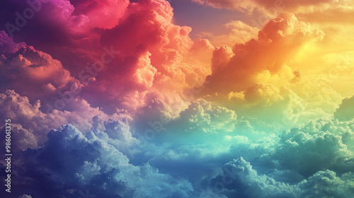 Brightly colored clouds floating over dreamlike landscape create surreal and enchanting atmosphere. vibrant hues evoke sense of wonder and tranquility