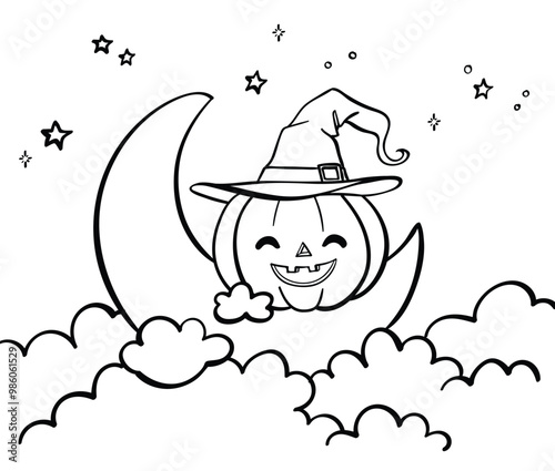 Cute Halloween Pumpkin on a dreamy moon printable coloring page