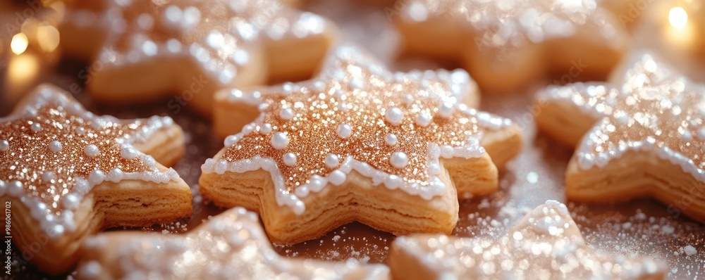 Delicious iced star-shaped cookie decorated with sparkling sugar, perfect for festive celebrations and holiday gatherings. Delicious iced star-shaped cookie decorated with sparkling sugar, perfect for festive celebrations and holiday gatherings.