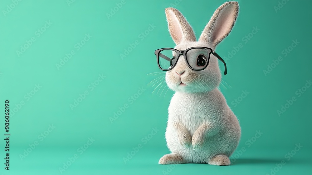 Hyperrealistic Rabbit with Glasses on Green Background, AI generated illustration Hyperrealistic Rabbit with Glasses on Green Background, AI generated illustration