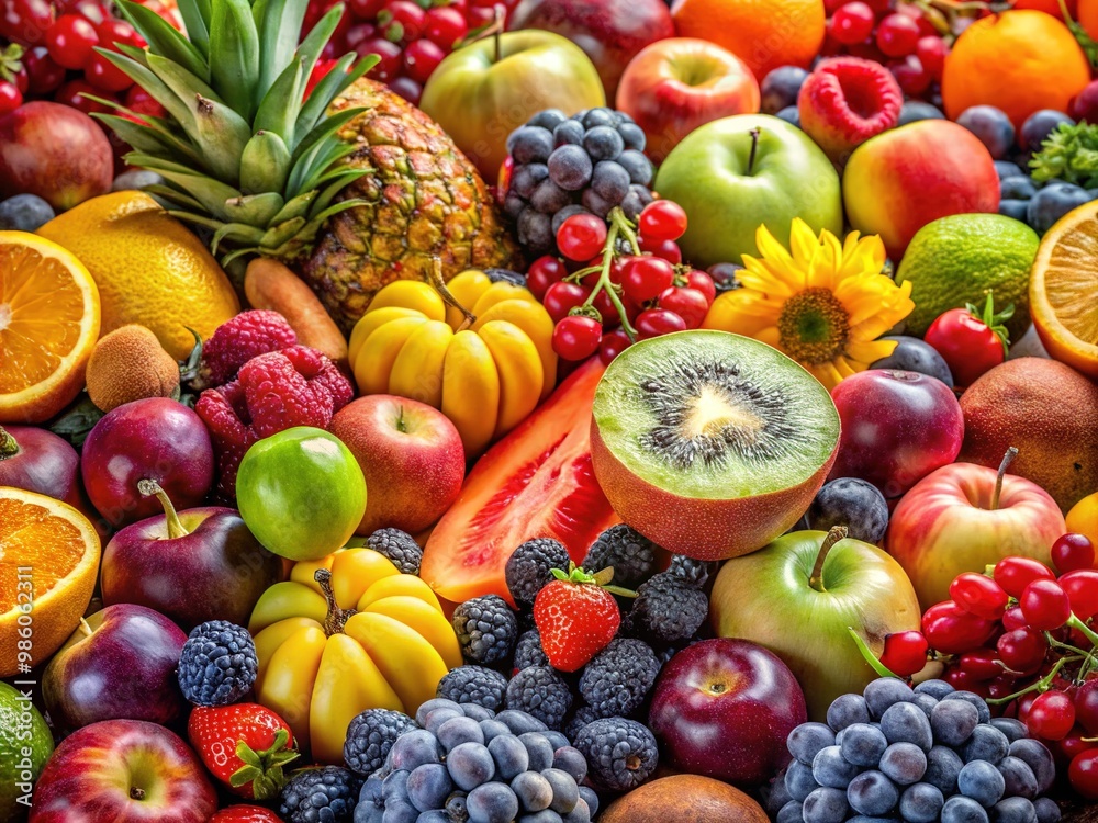 A vibrant array of assorted fruits showcased in a radiant, natural environment, highlighting their fresh colors and inviting textures for an enticing visual experience. A vibrant array of assorted fruits showcased in a radiant, natural environment, highlighting their fresh colors and inviting textures for an enticing visual experience.