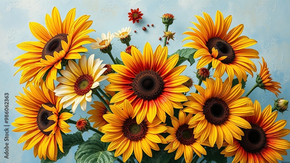 A vibrant bouquet of sunflowers, daisies, and cosmos against a soft blue background, with warm golden hues and deep greens, evoking a sense of serenity and nature. A vibrant bouquet of sunflowers, daisies, and cosmos against a soft blue background, with warm golden hues and deep greens, evoking a sense of serenity and nature.