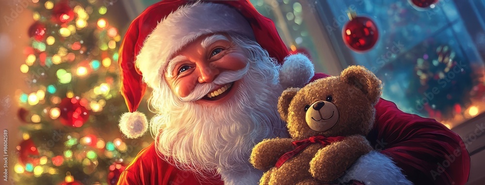 Santa smiles brightly, holding a teddy bear amidst a festive Christmas backdrop with twinkling lights and holiday cheer. Santa smiles brightly, holding a teddy bear amidst a festive Christmas backdrop with twinkling lights and holiday cheer.