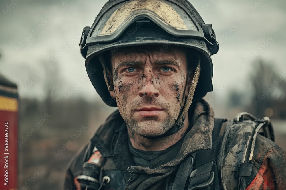 Brave Firefighter in Uniform Standing Proud and Weary, AI generated illustration Brave Firefighter in Uniform Standing Proud and Weary, AI generated illustration