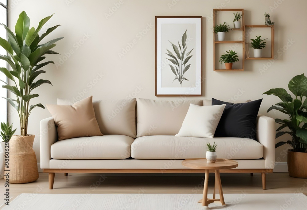 A modern, minimalist living room with a beige sofa, wooden frame, and decorative plants in the background. A modern, minimalist living room with a beige sofa, wooden frame, and decorative plants in the background.