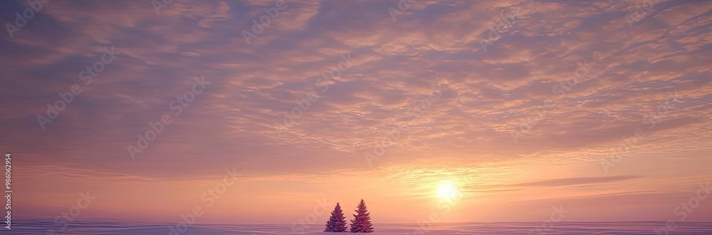 Fototapeta premium A serene winter scene featuring a sleigh pulled by reindeer against a stunning sunset on a snowy landscape.