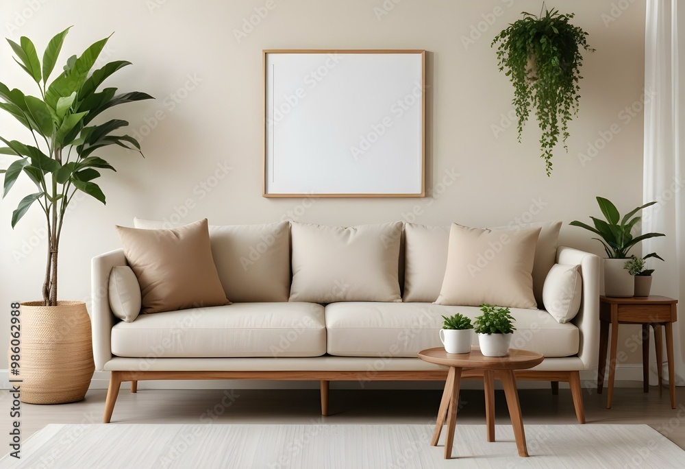 A modern, minimalist living room with a beige sofa, wooden frame, and decorative plants in the background. A modern, minimalist living room with a beige sofa, wooden frame, and decorative plants in the background.