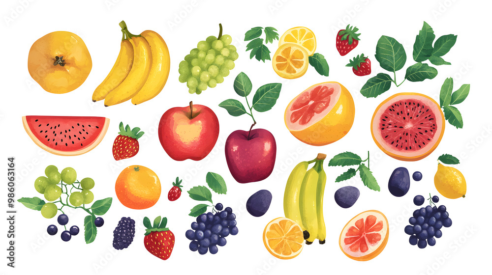 Bright cartoon-style illustration featuring an array of different fruits such as apples, bananas, watermelons, grapes, and berries. on white and Transparent Background Bright cartoon-style illustration featuring an array of different fruits such as apples, bananas, watermelons, grapes, and berries. on white and Transparent Background