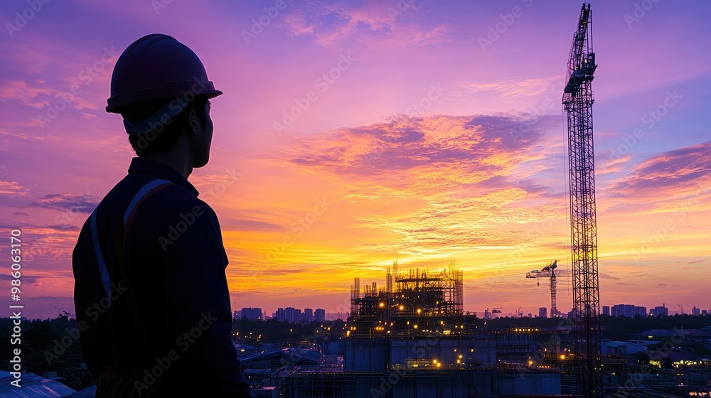 Fototapeta premium Engineer silhouette overseeing a high-ground construction site at dusk, vibrant pastel skies in the background.