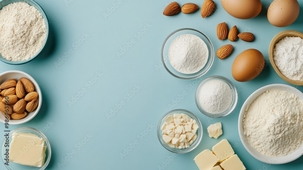 Flat lay of bakery ingredients: flour, eggs, butter, sugar, and almond nuts arranged on a blue table. Minimalist and clean design with copy space. Flat lay of bakery ingredients: flour, eggs, butter, sugar, and almond nuts arranged on a blue table. Minimalist and clean design with copy space.