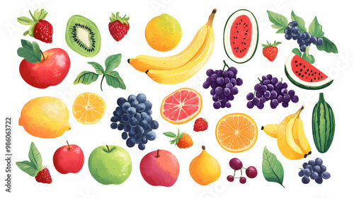 Bright cartoon-style illustration featuring an array of different fruits such as apples, bananas, watermelons, grapes, and berries. on white and Transparent Background