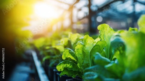 Bright green lettuce growing in a greenhouse, illuminated by sunlight.