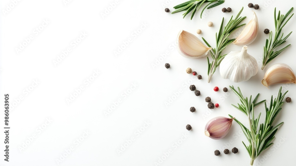 Fresh garlic bulbs with rosemary and peppercorns arranged on a white surface. A simple, clean layout with a rustic culinary feel. Fresh garlic bulbs with rosemary and peppercorns arranged on a white surface. A simple, clean layout with a rustic culinary feel.