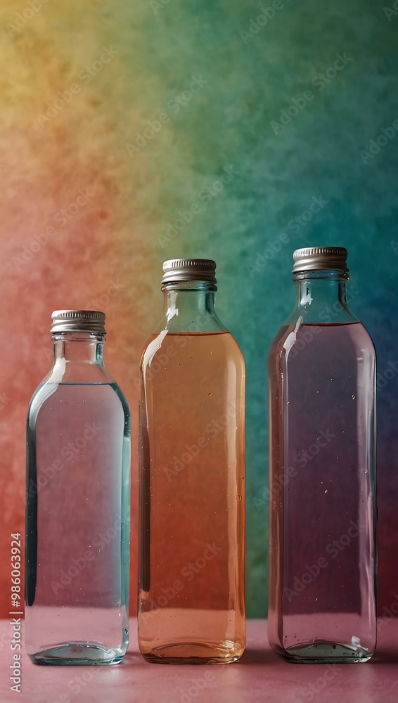 Three bottles of water against a soft, colorful background. Three bottles of water against a soft, colorful background.