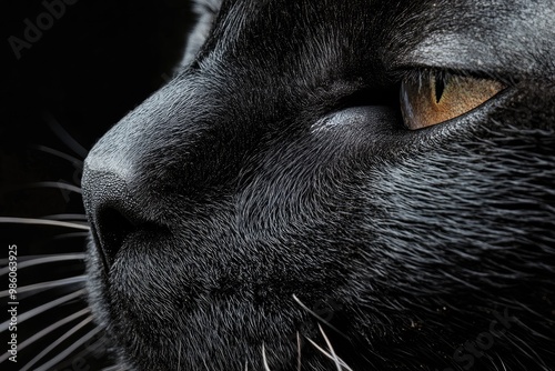 Close-up of a Black Cat's Face with One Eye Open