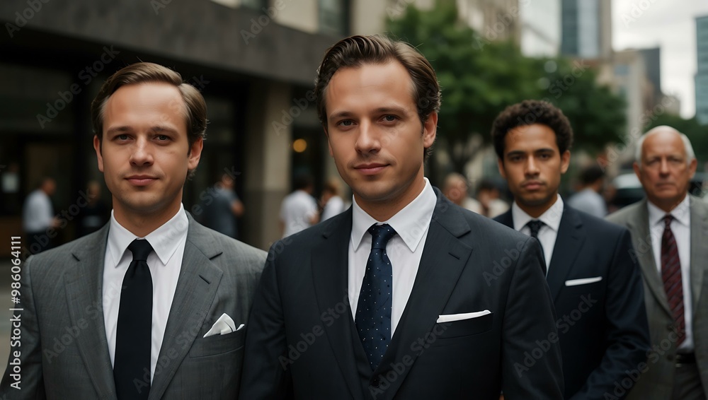 Three men in suits and ties posing together. Three men in suits and ties posing together.
