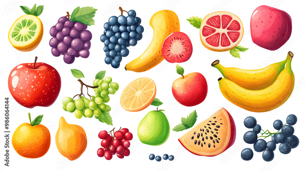 Bright cartoon-style illustration featuring an array of different fruits such as apples, bananas, watermelons, grapes, and berries. on white and Transparent Background Bright cartoon-style illustration featuring an array of different fruits such as apples, bananas, watermelons, grapes, and berries. on white and Transparent Background