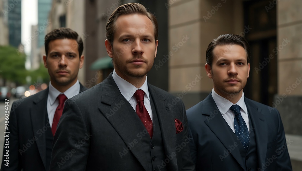 Three men in suits and ties posing together. Three men in suits and ties posing together.