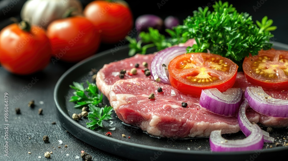 Fresh raw pork steaks with purple onions, parsley, and tomatoes, placed on a rustic table for a fresh, hearty meal concept