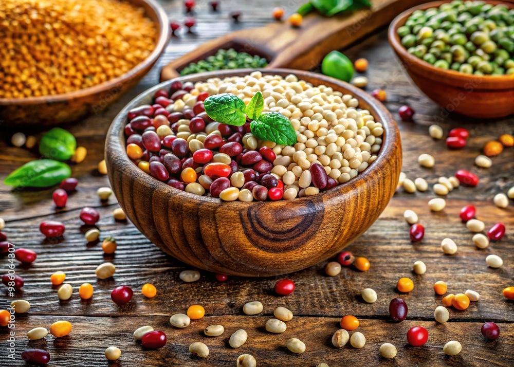 A wooden bowl holds raw urad dal legumes, surrounded by scattered grains, set against a rustic wooden table, evoking a warm, natural atmosphere. A wooden bowl holds raw urad dal legumes, surrounded by scattered grains, set against a rustic wooden table, evoking a warm, natural atmosphere.