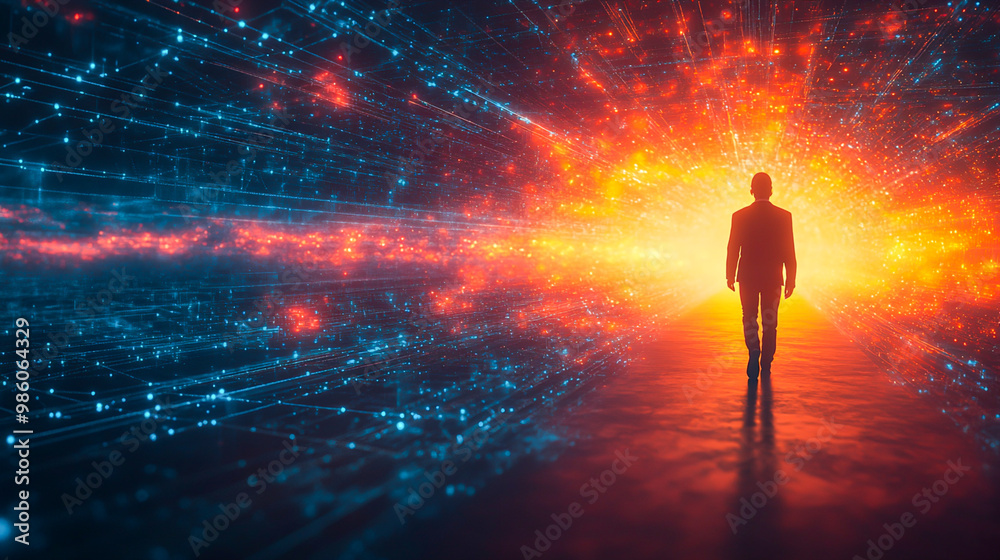 Man Walking Towards Abstract Light and Data Stream