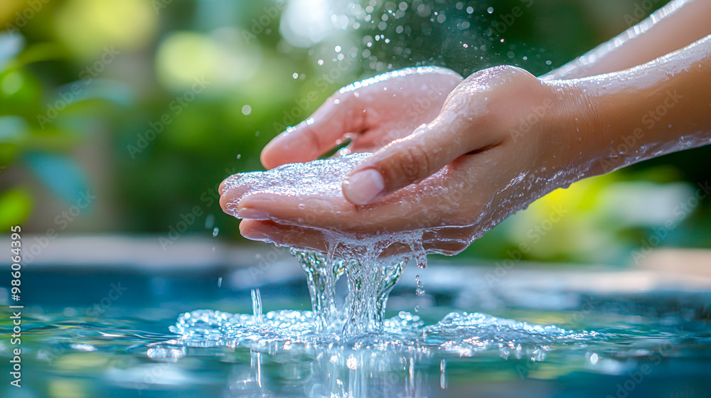Fototapeta premium Gentle Hands Catching Water Drops in Sunlight