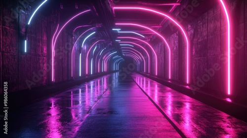 Futuristic neon-lit tunnel, glowing arcs reflected on the asphalt surface, evoking a sci-fi, underground atmosphere.