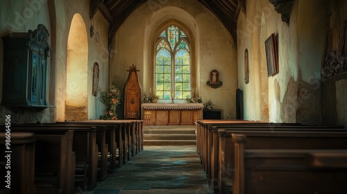 An empty church interior with wooden pews, a stained-glass window, and an altar.