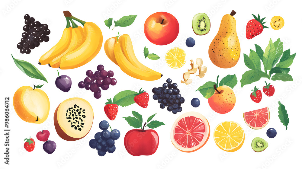 Bright cartoon-style illustration featuring an array of different fruits such as apples, bananas, watermelons, grapes, and berries. on white and Transparent Background Bright cartoon-style illustration featuring an array of different fruits such as apples, bananas, watermelons, grapes, and berries. on white and Transparent Background