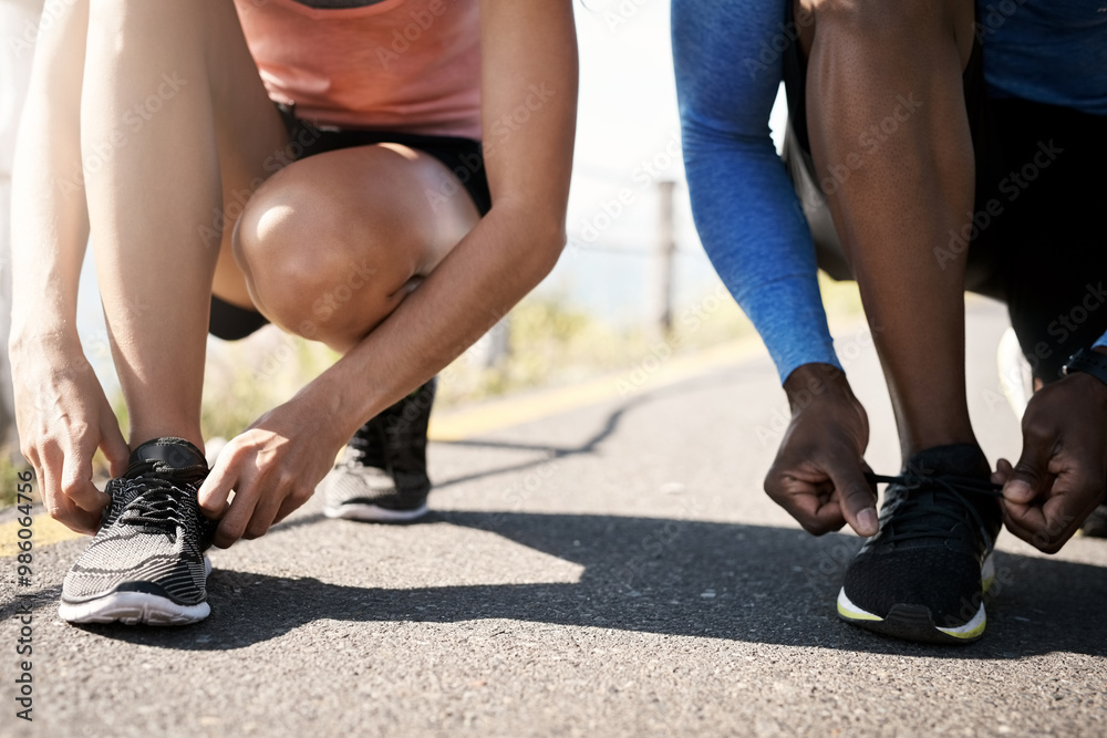 People, outdoor and hands for fitness with shoelaces on road for running, exercise and workout. Closeup, asphalt and street for jogging with training or cardio for health, wellness and self care People, outdoor and hands for fitness with shoelaces on road for running, exercise and workout. Closeup, asphalt and street for jogging with training or cardio for health, wellness and self care