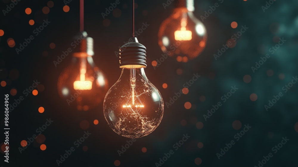 Good and broken light bulbs suspended, a visual metaphor for creative and failed ideas in dark space. Good and broken light bulbs suspended, a visual metaphor for creative and failed ideas in dark space.