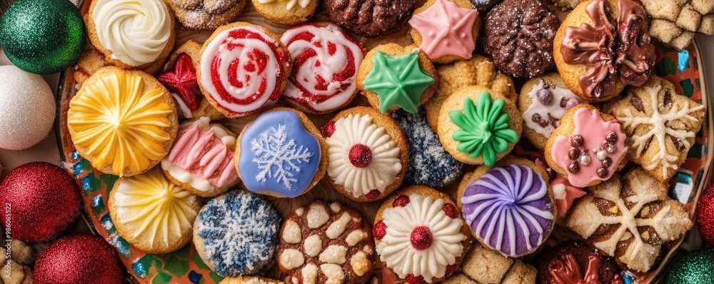 A vibrant assortment of festive cookies arranged beautifully, perfect for holiday celebrations and gatherings. A vibrant assortment of festive cookies arranged beautifully, perfect for holiday celebrations and gatherings.