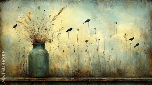 A solitary vase filled with dried wildflowers, perched on a weathered shelf, stands amidst a field of slender stalks, adorned with delicate blooms, and visited by small birds seeking respite photo