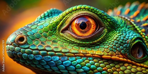 Close-up view of lizard eyes reveals stunning patterns and vivid colors, highlighting nature's intricate design in the animal kingdom and its breathtaking beauty.